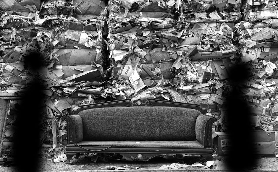 A black and white image showing an old, upholstered sofa placed in front of a large wall of tightly packed cardboard boxes, newspapers, and packaging materials, typical of a bulk waste collection or disposal scene. The sofa is positioned on a smooth floor, with the backrest facing the cluttered wall, which appears to be inside or just outside a property area. The environment suggests a space used for sorting or disposing of waste materials, with the sofa possibly awaiting removal or recycling. Man with Van Newbury Park's removal services may involve handling bulk waste like this during home relocations or furniture disposal, with equipment such as trolleys or vans potentially used for transporting large items, although not visible in this shot. The lighting highlights the contrast between the sofa and the chaotic background, emphasizing the task of furniture transport or clearance in a move or waste removal process.