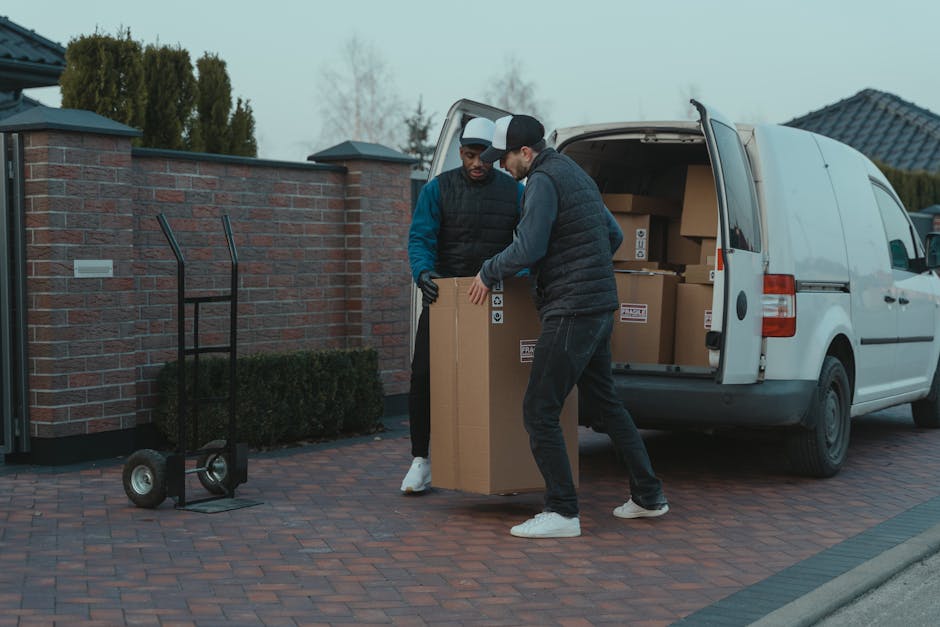 Two men from Man with Van Newbury Park are engaged in a home relocation task, lifting a large cardboard box from the back of a white removal van parked on a paved driveway. The van's open rear doors reveal an organized interior filled with neatly stacked boxes of various sizes, some with labels and packing tape. One man, dressed in a black padded vest over a grey hoodie, is bending forward, gripping the bottom of the box, while the other, wearing a dark jacket with blue sleeves and a cap, assists by holding the top. Nearby, a black hand truck with two wheels is leaning against a low brick wall topped with a hedge, indicating the ongoing furniture transport and packing process. The scene takes place outdoors in a residential area, with brick houses and trees in the background during daylight, capturing a step in the logistics of packing and loading for a professional house move.